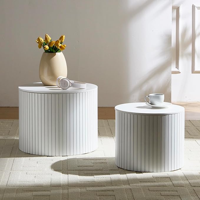kevinplus White Coffee Table Nesting Tables Set of 2 for Living Room, Modern Circle Drum Small Coffee Table with Storage Contemporary Side Table End Table with Moveable Lid, White