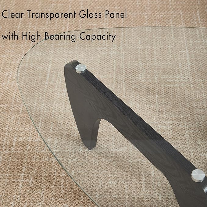 Glass Coffee Table, 44.5" Triangle Center Table with Wood Base Modern Abstract End Table for Living Room Office Patio, Black