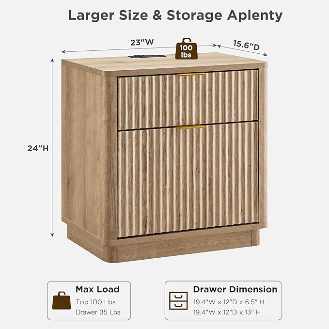T4TREAM 23'' Fluted Nightstand Set of 2 with Charging Station, Large 2 Drawer Bedside Table, Modern End Table with Storage, Mid Century Night Stand for Bedroom Living Room, Curved Profile, Natural Oak