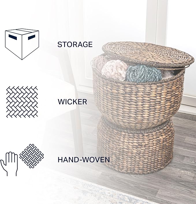 happimess SAT1000B Bhola 18" Hourglass Handwoven Hyacinth Storage Accent Table with Lid for Storage and Decoration in Bedroom, Living Room, Kitchen, Dining Room, Entryway, Guestroom, Brown Wash