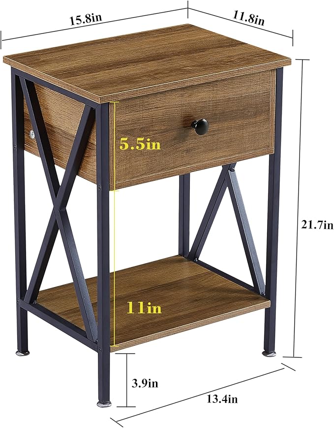 VECELO Nightstands Set of 2, Modern Bedside End Tables, Night Stands with Drawer and Storage Shelf for Living Room Bedroom, Industrial Metal Frame