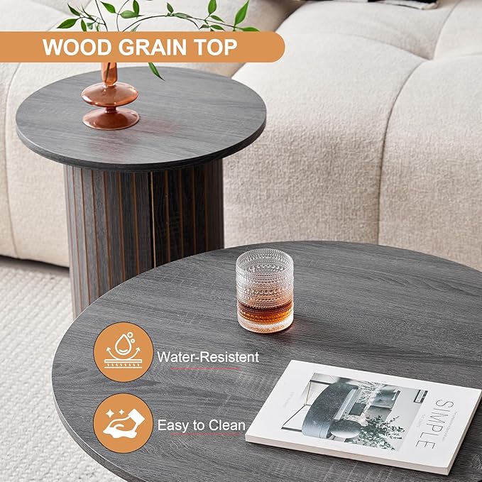 Round Nesting Coffee Tables Set of 2 -φ27.6 Large Short + φ15.8 Small Tall Boho Circle Side Tables with Fluted Drum Design, Black