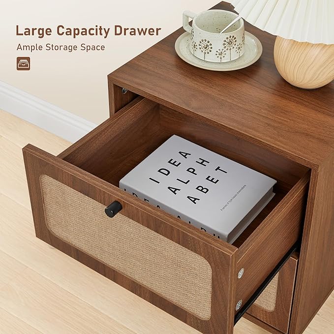 16" Wood Nightstand Set of 2, Farmhouse End Table with 2 Storage Drawer, Mid-Century Modern Bedside Table with Linen Decor, Minimalist Night Stand for Living Room, Bedroom & Small Space (Walnut)