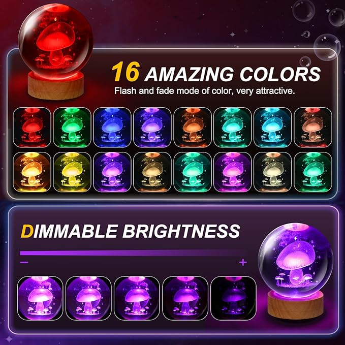 Mushroom Lamp,3.15 inch 3D K9 Crystal Ball Mushroom Night Light with Wooden Base,16 Colors Change,Remote Control,Color Box,Birthday Christmas Gift