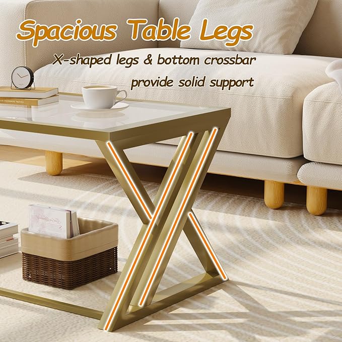 Coffee Table Gold Glass Coffee Table for Living Room,Modern Rectangular Center Table with Sturdy Metal Frame,Tempered Glass Table Tea Tables for Bedroom Home Office