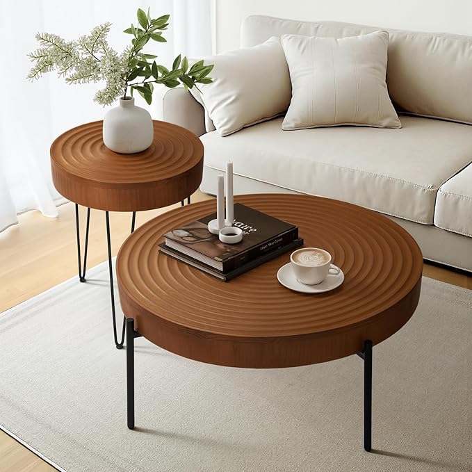 2 Piece Modern Farmhouse Living Room Coffee Table Set, Nesting Table Round Natural Finish with Handcrafted Wood Ring Motif, Walnut Colour