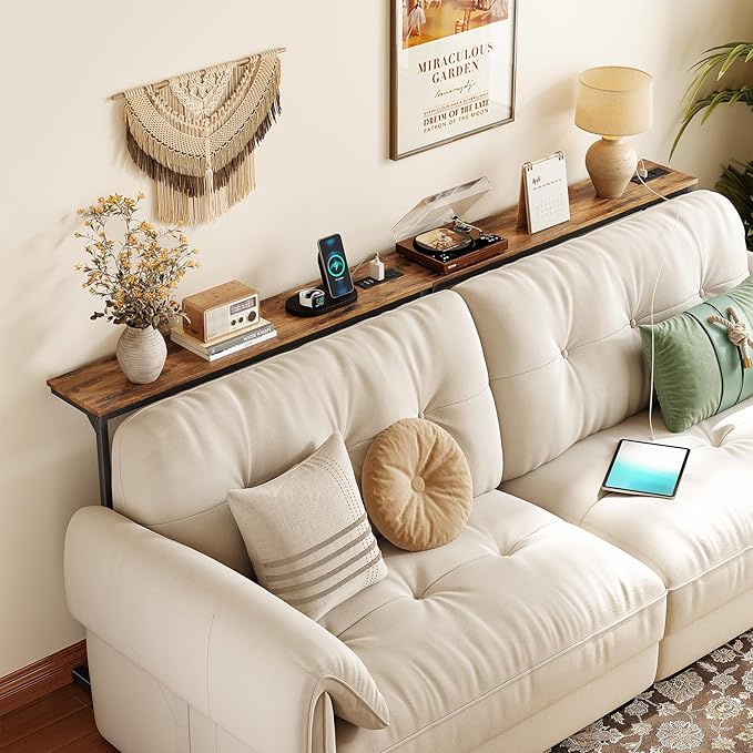 Kitstorack 2-Pack Rustic Brown Console Table, 7.9" Deep Panel, Adjustable Height (25"-33") & Built-in Power Outlets, Behind Sofa Couch, Includes 4.9' Power Cord - 79" L