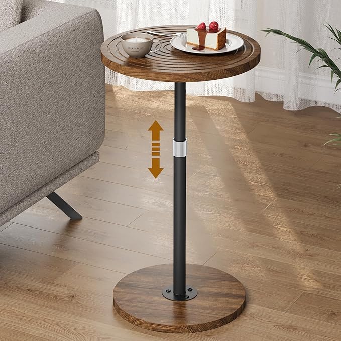 Round Side Table, Adjustable-Height Small Drink Table, Pedestal Martini Stand, Weighted Base Cocktail Table Accent Nightstand for Living Room, Bedroom, Bathroom, Office, Walnut