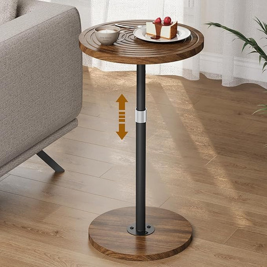 Round Side Table, Adjustable-Height Small Drink Table, Pedestal Martini Stand, Weighted Base Cocktail Table Accent Nightstand for Living Room, Bedroom, Bathroom, Office, Walnut