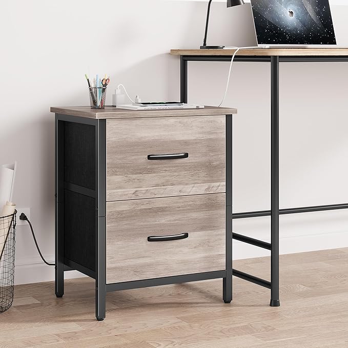 Vagusicc Nightstand Set of 2 with Charging Station, End Table Bedside Table with Power Outlet & USB Ports, Side Table with 2 Fabric Drawers for Bedroom, Living Room, Greige