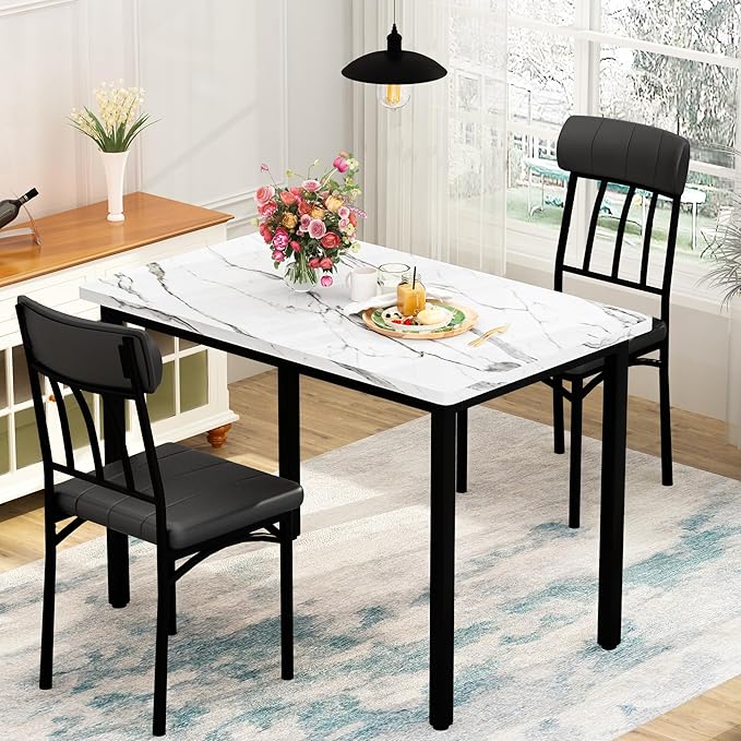 AWQM 3 Piece Dining Table Set for 2, Small Industrial Kitchen Table and 2 Chairs, Breakfast Dining Table Set, Kitchen Table Set for Dining Room, Living Room, Apartment, Small Space, White Black