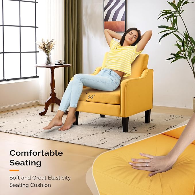 VINGLI Accent Chair for Living Room Chairs Yellow Reading Chair for Bedroom Scooped Arm Chair Mid Century Modern Accent Chairs Upholstered Comfy Chair for Apartment, Waiting Room