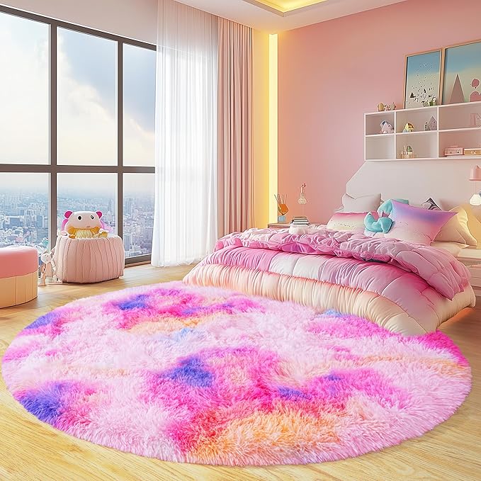 Round Fluffy Rugs 5Ft for Girls Bedroom, Dark Rainbow Shag Circle Kids Rug Non-Slip for Bedside Dorm Nursery Playroom, Soft Cute Area Rugs for Living Room Decor
