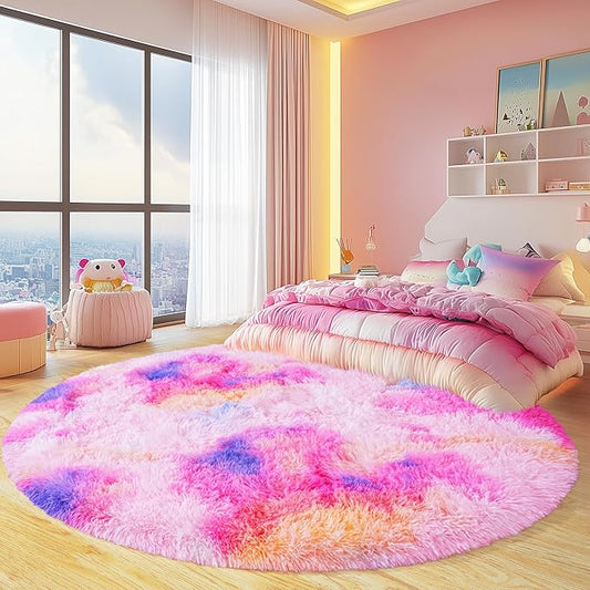 Round Fluffy Rugs 5Ft for Girls Bedroom, Dark Rainbow Shag Circle Kids Rug Non-Slip for Bedside Dorm Nursery Playroom, Soft Cute Area Rugs for Living Room Decor