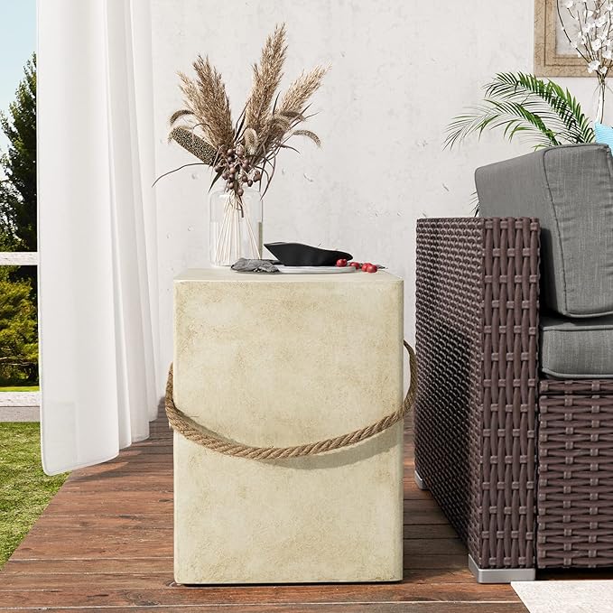 SUNBURY Outdoor Side Table, Concrete Side Table for Patio,18" H Small End Table w Hemp Rope, Indoor & Patio Accent Table Coffee Table Warm Gray, Stone Side Table Garden Plant Stands