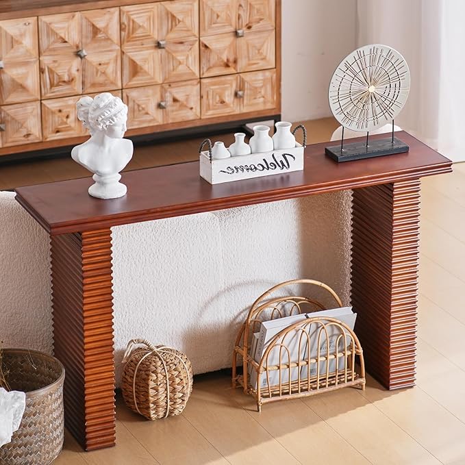Wnutress Wood Console Table, 55.3" Long Sofa Table, Farmhouse Fluted Entryway Table for Living Room, Hallway, Entrance Foyer, Easy Assembly,Reddish Brown