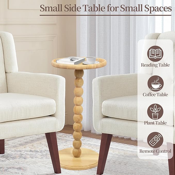 Round Side Table, Solid Wood Small Drink Table for Small Spaces, Boho Rattan End Table for Living Room, Modern Accent Table for Couch, Bedroom, Corners