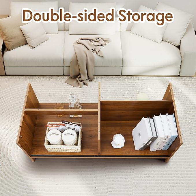 43.3“ Mid Century Modern Coffee Table with Storage, Curved Profile Wood Coffee Table with Sliding Arched Door, Farmhouse Center Table Rectangle Coffee Table for Living Room, Office, Walnut