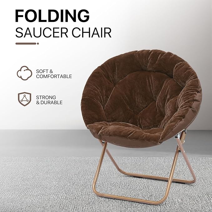 Athena Collection Comfy Saucer Chair Folding Cozy Chair for Bed Room Living Room Accent Chair Faux Fur Reading Chair Foldable Metal Frame Lazy Chair Moon Chair for Adult Set of 2, Brown