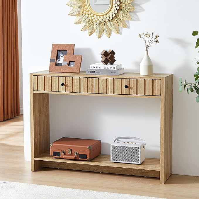 AVZEAR Entryway Console Table with Fluted Drawers, Mid Century Entryway Table with Storage, 43" Long Couch Behind Sofa Narrow Tables for Living Room Hallway Entrance, Natural