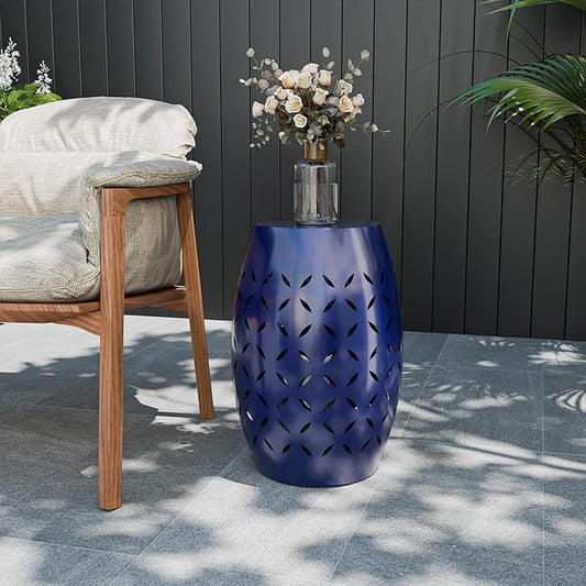 VINGLI Outdoor Iron Side Table, Patio End Table Anti-Rust Metal Round Drum Garden Stool Plant Stand Indoor Iron Accent Table for Patio Deck Porch Living Room (Navy Blue)