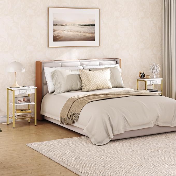 HOOBRO End Table with Charging Station and USB Ports, 3-Tier Nightstand with Adjustable Shelves, Small Side Table for Small Space in Living Room, Bedroom and Balcony, White and Gold DW112BZ01G1