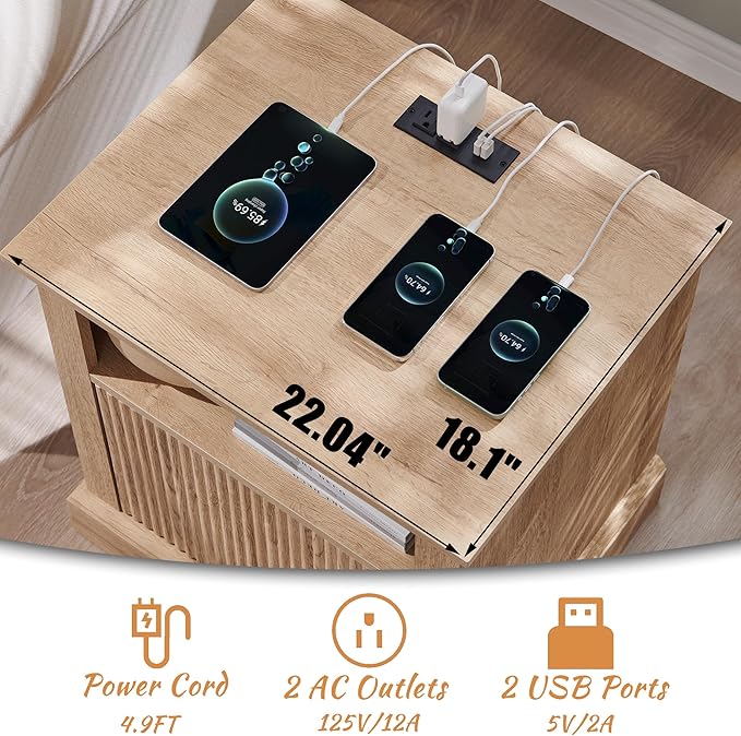 Fluted Nightstand Set of 2, 22" Large Modern Side Table with Charging Station, Wood End Table w/Open Shelf, Bedside Table with Storage Space for Bedroom, Living Room (Natural)