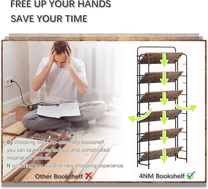4NM No Assembly Folding Bookshelf, 6 Tiers Collapsible Book Shelves Open Industrial Foldable Storage Bookcase Shelf for Bedroom, Living Room, Home Office - Rustic Brown and Black