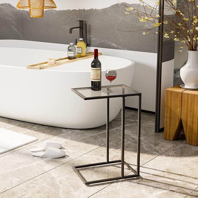 C Shaped End Table Set of 2, Sofa Couch Side Table, Tempered Glass Snack TV Tray Table with Metal Frame for Small Space,Living Room, Bedroom, Bedside,Modern Style, Black,2PCS