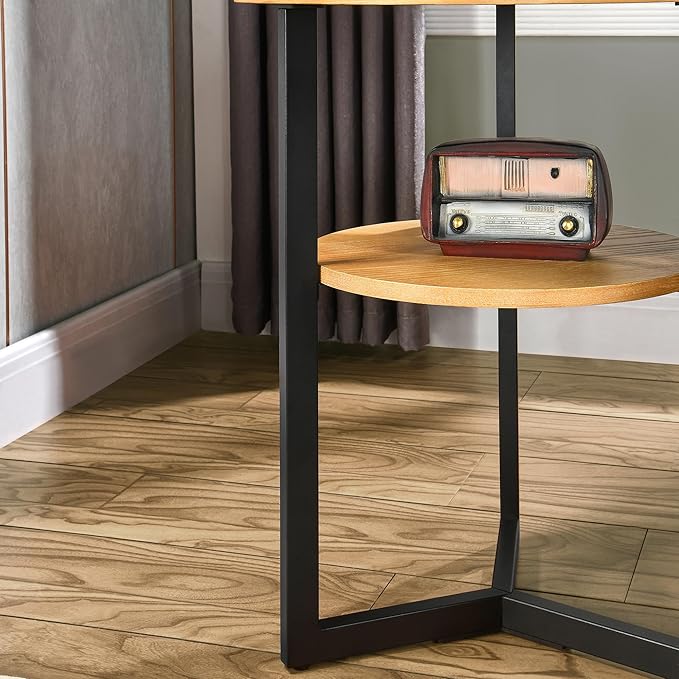 Round End Table with Storage Shelf, 19.29in Circel Accent Side Table with Black Metal Legs, 2-Tier Wood Round Sofa Side Table for Living Room Bedroom, Oak-BZ