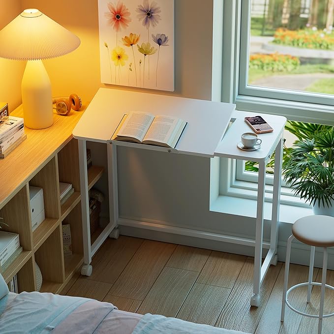GreenForest Folding Desk with Adjustable Tiltable Desktop 0-90°, 31.5 inch Small Desk with Wheels, Rolling Drafting Table for Laptop, Reading, Writing, Drawing, Work, White