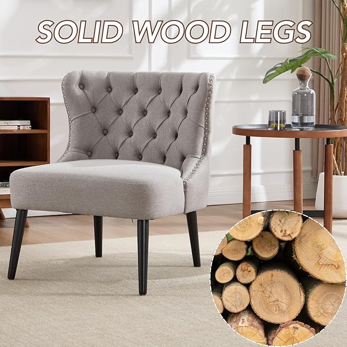 chairus Tufted Slipper Accent Chair, Armless Linen Living Room Chair with Nailhead Trim, Mid-Century Modern Upholstered Wingback Side Chair for Bedroom Reception Apartment Office, Grey