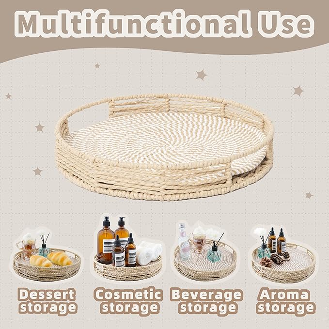 GYASVWU Round Decorative Serving Tray with Handles, Paper Rope Woven Tray for Coffee Table, Rattan Serving Tray for Ottoman, Dining Table Trays, Wicker Trays for Kitchen/Living Room/Bedroom (Beige)