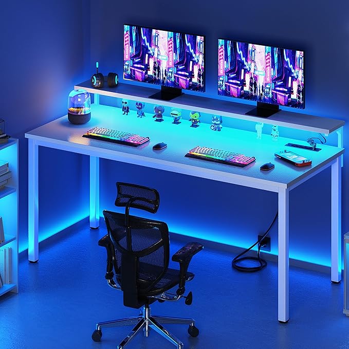 Need 60 inch Computer Desk with LED Lights & Power Outlets, Large Home Desk with Monitor Shelf, Writing Table Gaming Desk Home Office Desk, White