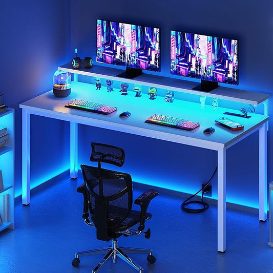 Need 60 inch Computer Desk with LED Lights & Power Outlets, Large Home Desk with Monitor Shelf, Writing Table Gaming Desk Home Office Desk, White