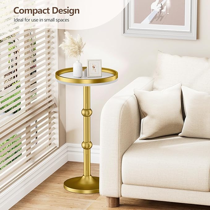 Small Round Side Table, Coffee Drink Table for Small Spaces, Modern Night Stand with Metal Leg, Weighted Iron Base Pedestal Round End Tables for Living Room, Bedroom, Narrow Corners,Sofa Couch