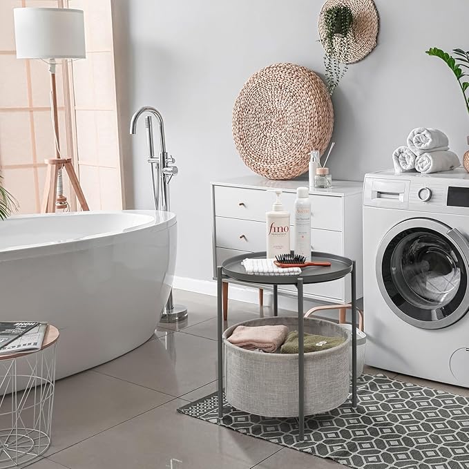 danpinera Round Side Table with Fabric Storage Basket, Metal Side Table Small Bedside Nightstand with Removable Tray Top for Living Room, Bedroom, Nursery, Laundry, Gray