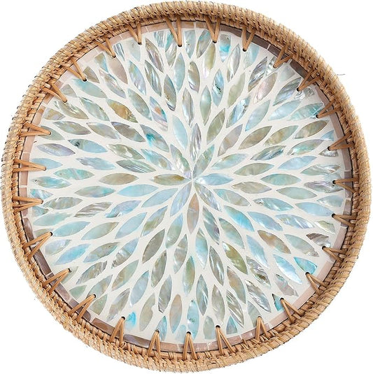 Round Rattan Tray with Mother of Pearl Inlay, Rattan Serving Tray for Coffee, Bread, Fruits, Decorative Wicker Tray for Table Decor, Home Decor, Kitchen Island Decor (Ambilight, 11.8")