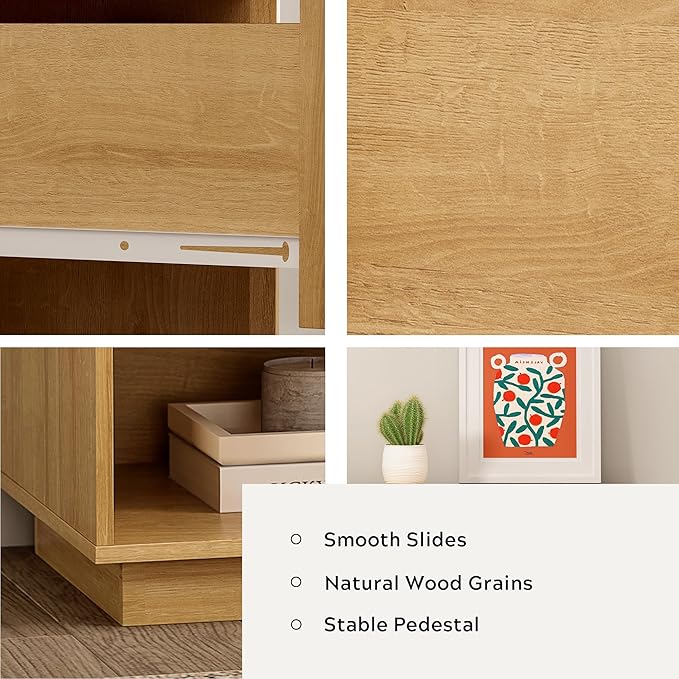 Fluted End Table with Drawer, Modern Wooden Nightstand Bed Side Table with Storage Shelf Bedside Night Stand for Bedroom Living Room Sofa, Natural Oak