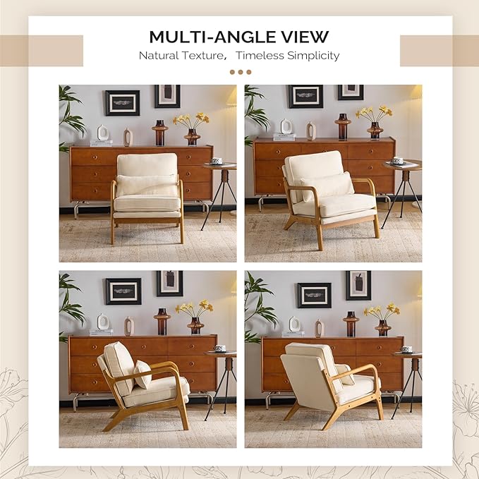 VINGLI Chenille Mid-Century Modern Accent Chair Set of 2, Cute Reading Arm Chair with Cushion & Lumbar Pillow & Solid Wood Frame for Lounge, Living Room, Reading Room, Bedroom,Cream