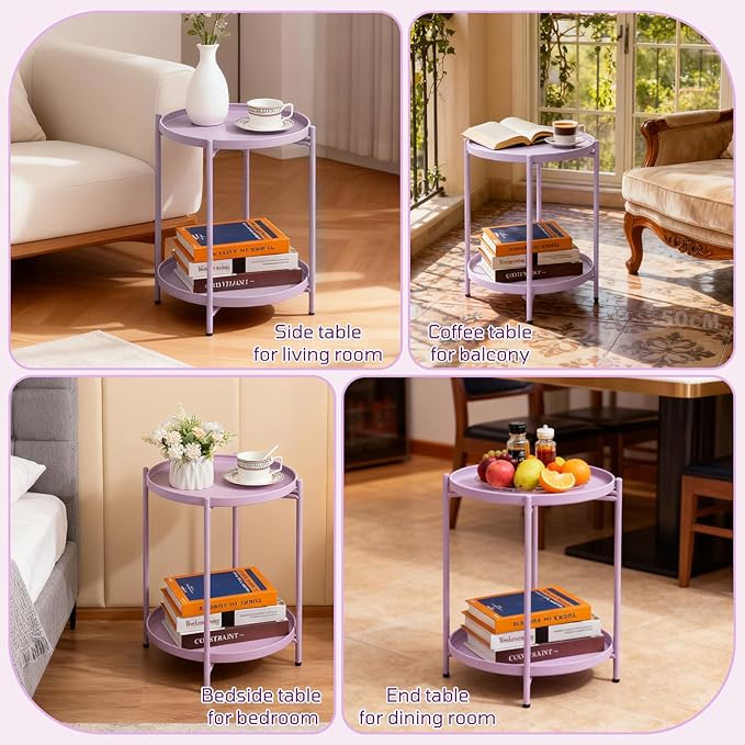 HollyHOME 2-Tier Round Side Table, Outdoor Small Folding Accent Stand with Removable Tray, Anti-Rust Metal Asional Table for Balcony Patio Living Room, Nightstand for Bedroom(Purple)