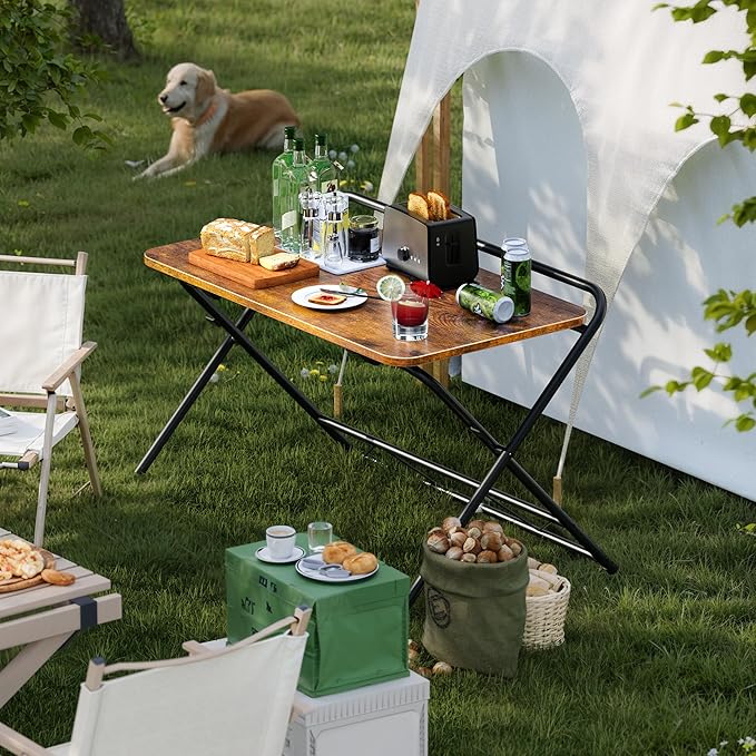 Huuger Folding Desk with 3-Level Adjustable Height and Tablet Slot, 32 Inch Foldable Computer Desk for Small Spaces, Space Saving, Writing Work Table for Home Office, Bedroom, Study, Rustic Brown