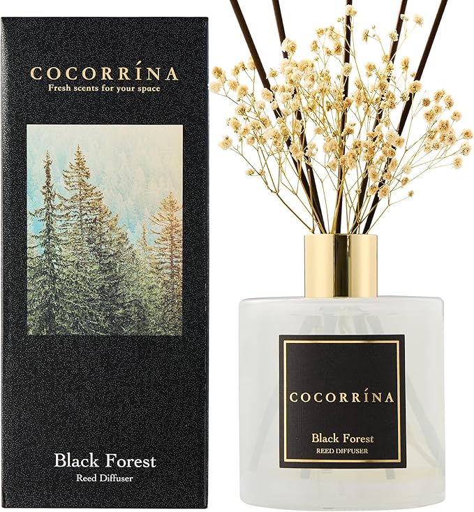COCORRÍNA Reed Diffuser - Black Forest 17 Fl.oz Reed Diffuser with 8 Sticks Scented Diffuser with Preserved Flowers for Bathroom Home Decor