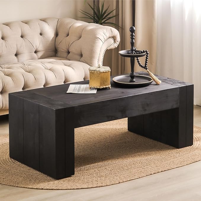 Coffee Table, 49" x 23.7" Rectangular Coffee Table Rustic Side Table Solid Wood Center Table Versatile Tea Table Accent End Table for Living Room Apartment, Black