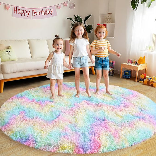 Round Fluffy Rugs 6Ft for Girls Bedroom, Rainbow Shag Circle Kids Rug Non-Slip for Bedside Dorm Nursery Playroom, Soft Cute Area Rugs for Living Room Decor