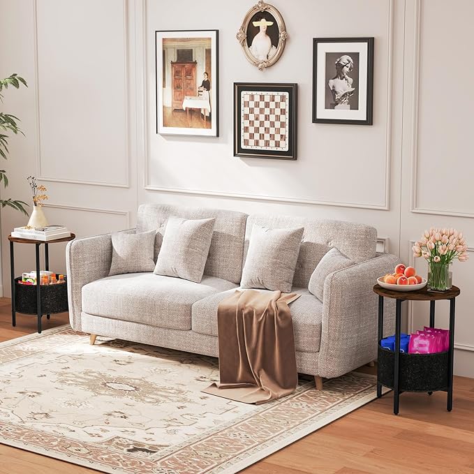 Giantex Round End Table Set of 2, Small Side Tables w/Removable Fabric Basket, Modern Bedside Tables w/Metal Frame, Sofa Couch Accent Tables for Small Space Living Room, Nightstand for Bedroom