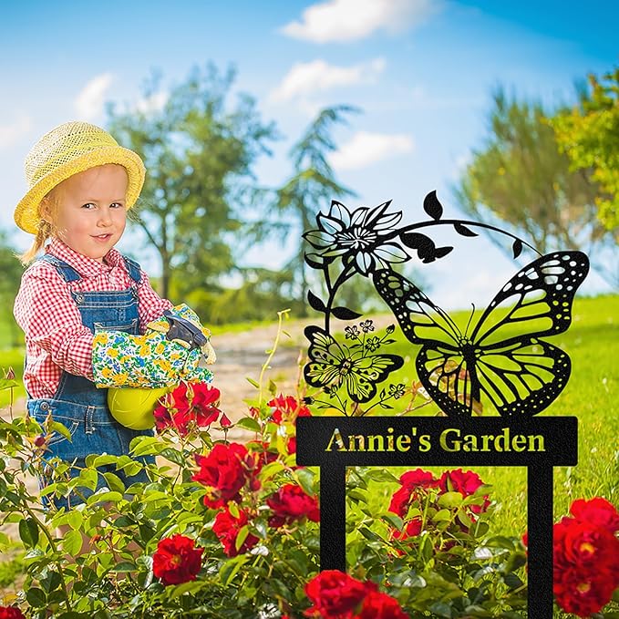 Personalized Garden Signs for Outdoor, Custom Butterfly Garden Sign with Stake Metal Waterproof, Customized Metal Name Sign, Patio Yard Decor Gardening Gift