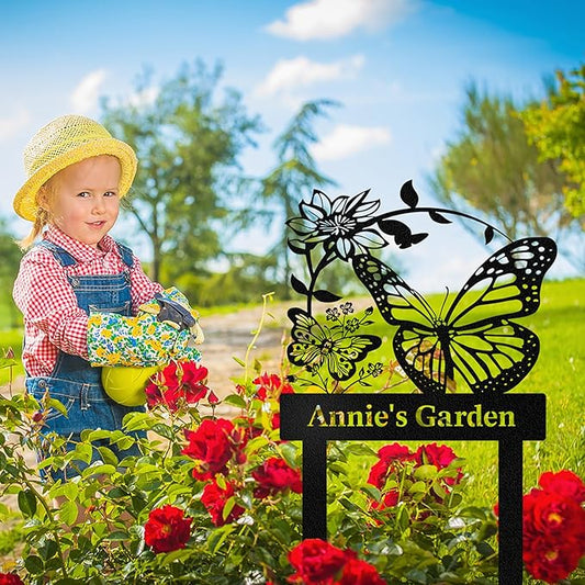 Personalized Garden Signs for Outdoor, Custom Butterfly Garden Sign with Stake Metal Waterproof, Customized Metal Name Sign, Patio Yard Decor Gardening Gift