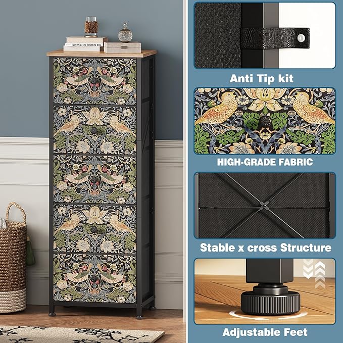 Dresser with 5 Fabric Drawers Strawberry Thief Drawer Dresser for Bedroom Vintage Nightstand Dressers & Chests of Drawer for Halfway Entryway Living Room Sturdy Steel Frame Wood Top, Brown