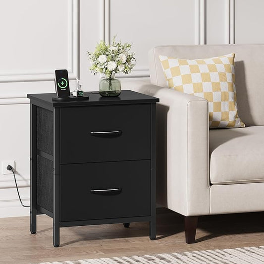 Vagusicc Nightstand with Charging Station, Bedside Table with USB Ports and Outlet, End Table Side Table with 2 Fabric Drawers for Bedroom, Living Room, Black